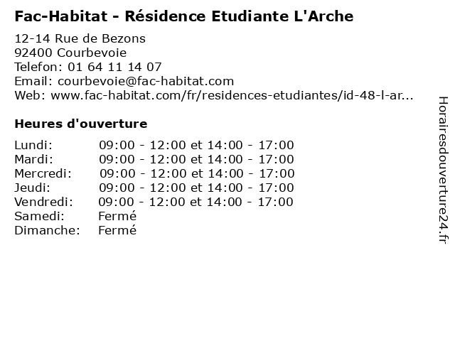 Horaires d ouverture Fac Habitat R sidence Etudiante L Arche